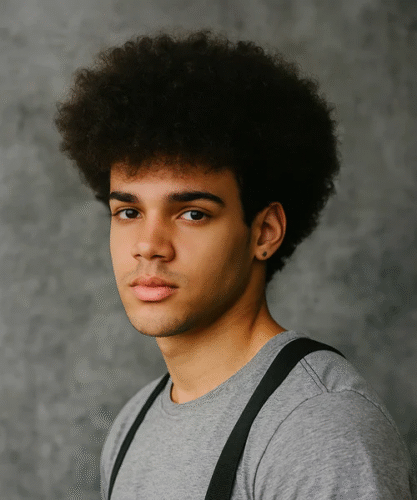 Afro fringe haircut with natural curls and soft forward shape