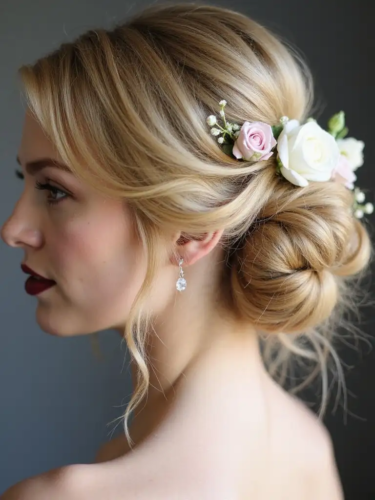Low Updo Adorned With Fresh Flowers